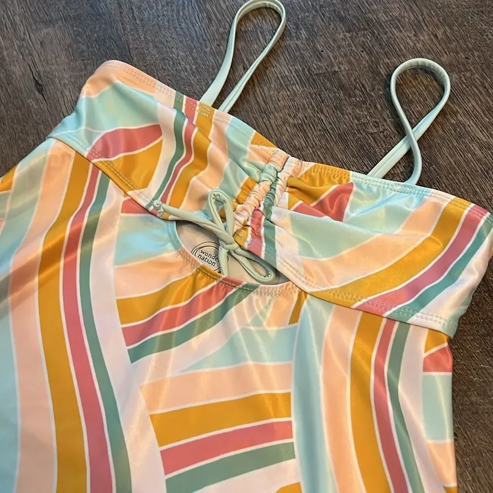 Wonder Nation Girls 7/8 Tankini Swim Top Striped Peplum Swimsuit